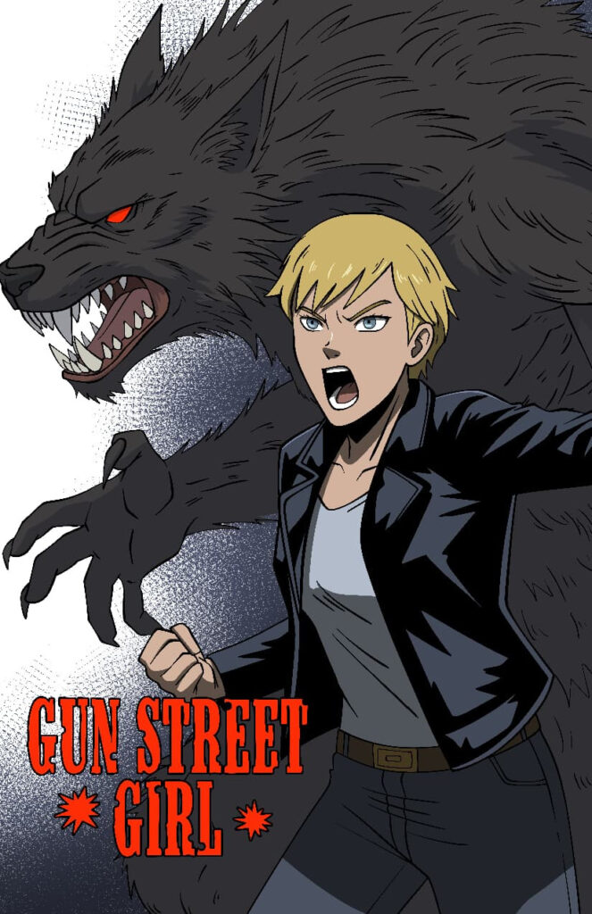 Liz from GUN STREET GIRL and a werewolf! (She's not a werewolf. She's just yelling at one. But we stuck what she's yelling at behind her, because otherwise it was hard to get them both in the same shot.)