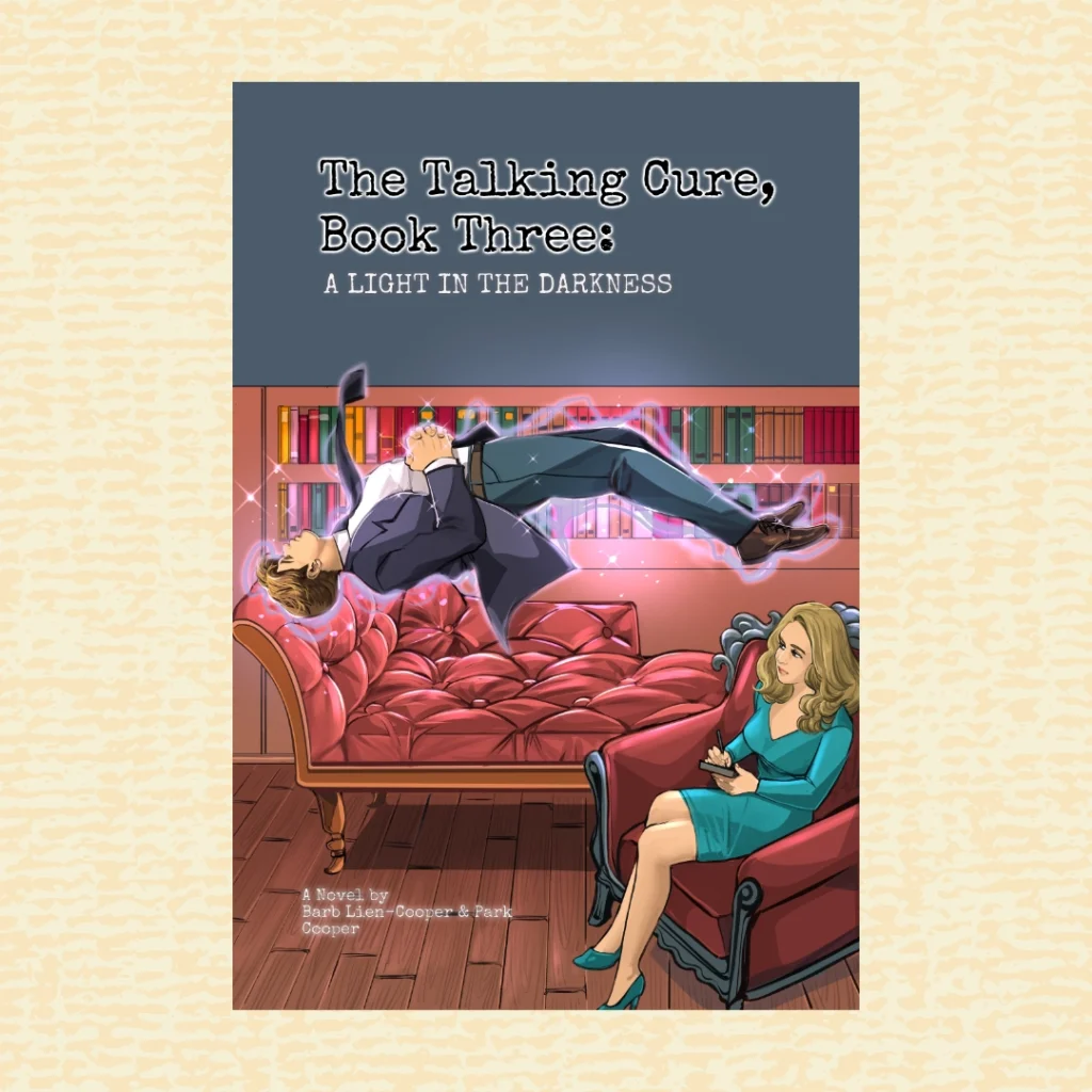 Zach Cutter, while speaking, lays on the psychiatric couch of his psychiatrist Dr. Cynthia Mann, in her office-- except that he's actually floating 2 to 3 feet above the couch and glowing purple. Cynthia sits nearby in a chair, taking notes...